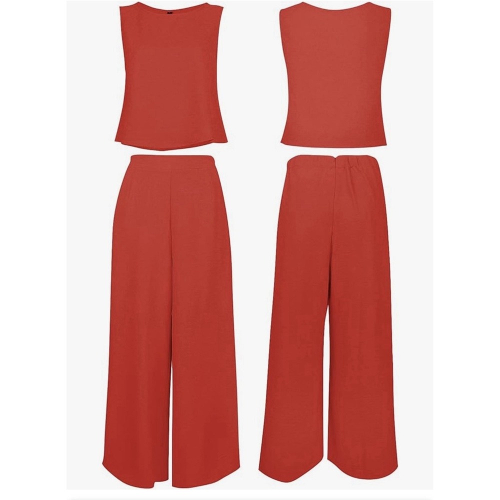 Ropamore Women Red 2 Piece Crinkle Set Sleeveless Top Wide Leg Pants M 8-10